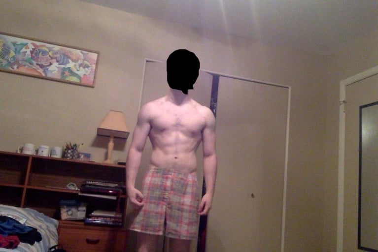 A before and after photo of a 5'8" male showing a snapshot of 154 pounds at a height of 5'8