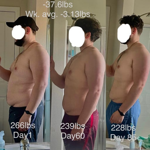 A photo of a 6'2" man showing a weight cut from 266 pounds to 228 pounds. A net loss of 38 pounds.