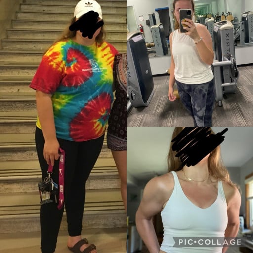 A progress pic of a 5'5" woman showing a fat loss from 245 pounds to 145 pounds. A respectable loss of 100 pounds.
