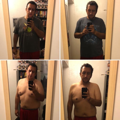 A progress pic of a 5'10" man showing a fat loss from 265 pounds to 247 pounds. A net loss of 18 pounds.