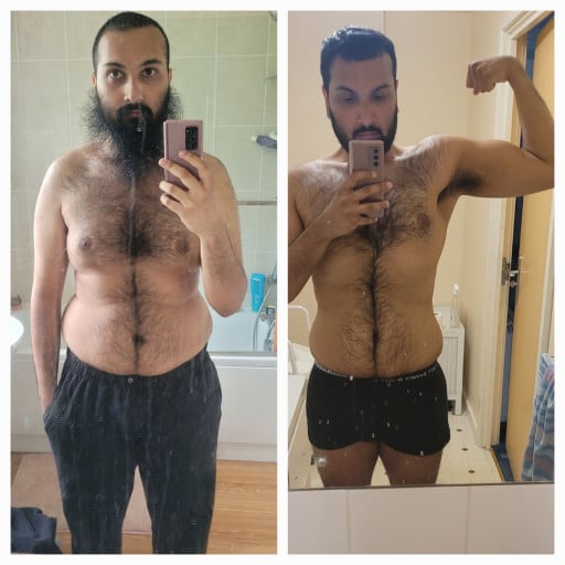 Before and After 36 lbs Fat Loss 5 feet 11 Male 216 lbs to 180 lbs