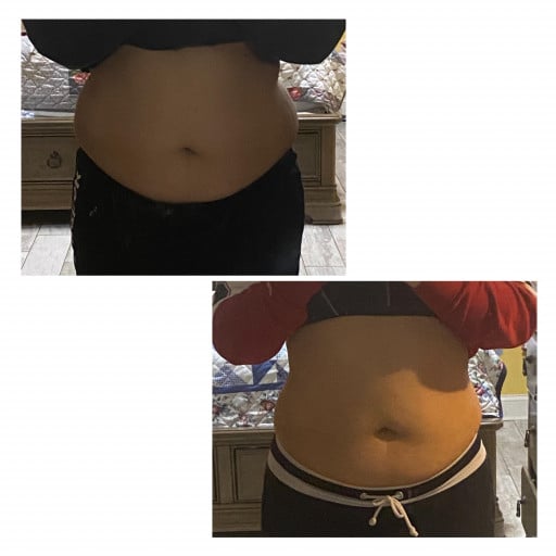 A before and after photo of a 5'3" female showing a weight reduction from 195 pounds to 168 pounds. A net loss of 27 pounds.