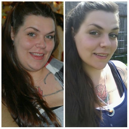 A picture of a 5'6" female showing a weight loss from 274 pounds to 204 pounds. A net loss of 70 pounds.