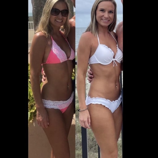 A before and after photo of a 5'6" female showing a weight bulk from 124 pounds to 131 pounds. A total gain of 7 pounds.