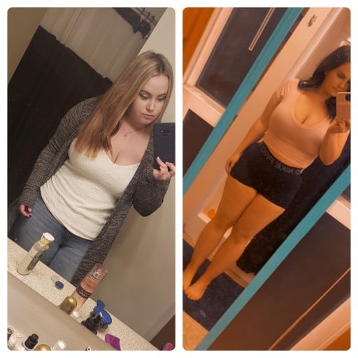 A progress pic of a 5'3" woman showing a fat loss from 210 pounds to 167 pounds. A respectable loss of 43 pounds.