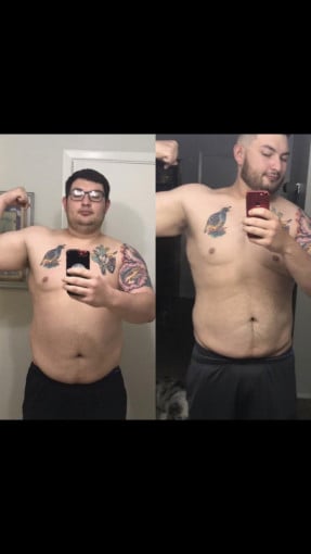 A before and after photo of a 6'3" male showing a weight reduction from 324 pounds to 232 pounds. A net loss of 92 pounds.