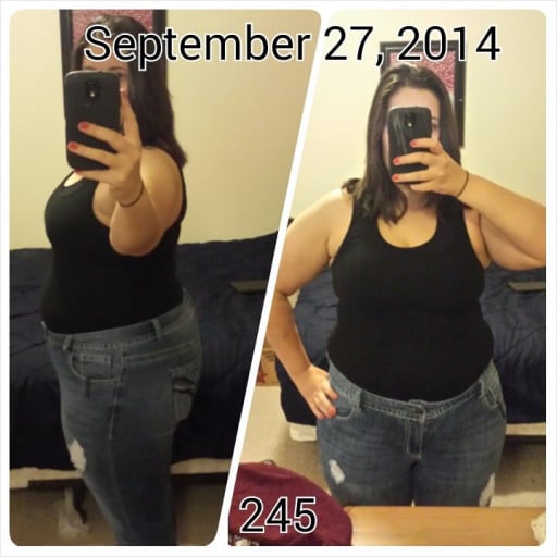 A picture of a 5'6" female showing a fat loss from 250 pounds to 220 pounds. A respectable loss of 30 pounds.