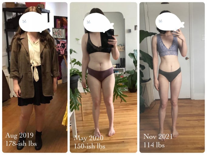 A progress pic of a 5'5" woman showing a fat loss from 178 pounds to 114 pounds. A respectable loss of 64 pounds.