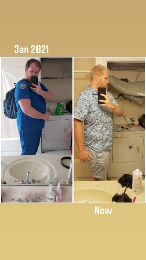 A progress pic of a 6'3" man showing a fat loss from 360 pounds to 275 pounds. A net loss of 85 pounds.