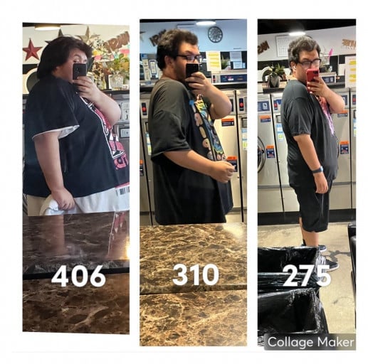 Before and After 96 lbs Fat Loss 5 feet 9 Male 406 lbs to 310 lbs