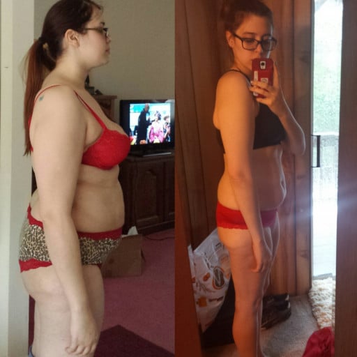 A before and after photo of a 5'10" female showing a weight reduction from 215 pounds to 155 pounds. A respectable loss of 60 pounds.