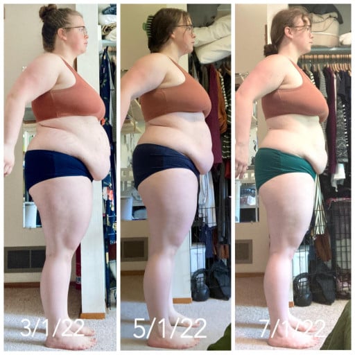 A progress pic of a 5'5" woman showing a fat loss from 239 pounds to 207 pounds. A total loss of 32 pounds.