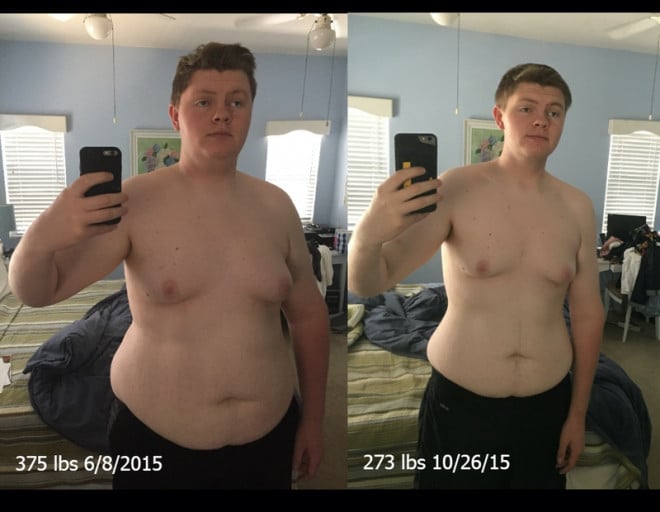 A photo of a 6'7" man showing a weight cut from 375 pounds to 273 pounds. A net loss of 102 pounds.