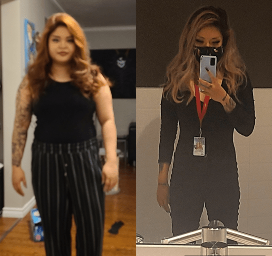A photo of a 5'2" woman showing a weight cut from 186 pounds to 121 pounds. A net loss of 65 pounds.