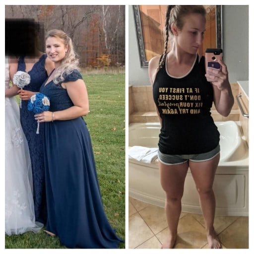 A before and after photo of a 5'2" female showing a weight reduction from 165 pounds to 149 pounds. A net loss of 16 pounds.