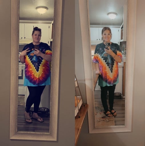 A picture of a 5'9" female showing a weight loss from 300 pounds to 183 pounds. A net loss of 117 pounds.