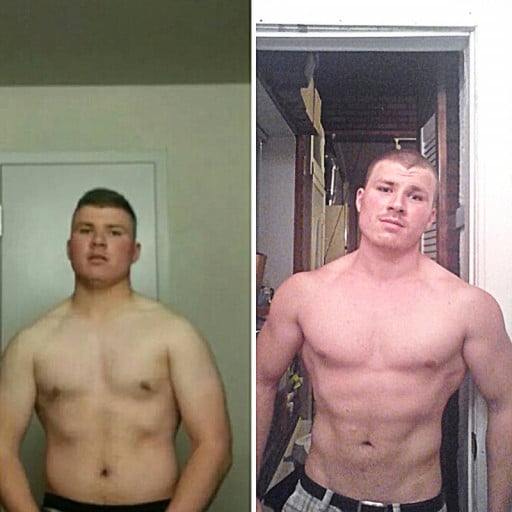 A progress pic of a 5'9" man showing a fat loss from 215 pounds to 186 pounds. A net loss of 29 pounds.