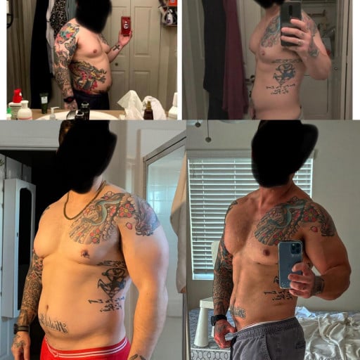 A progress pic of a 5'9" man showing a fat loss from 242 pounds to 208 pounds. A total loss of 34 pounds.
