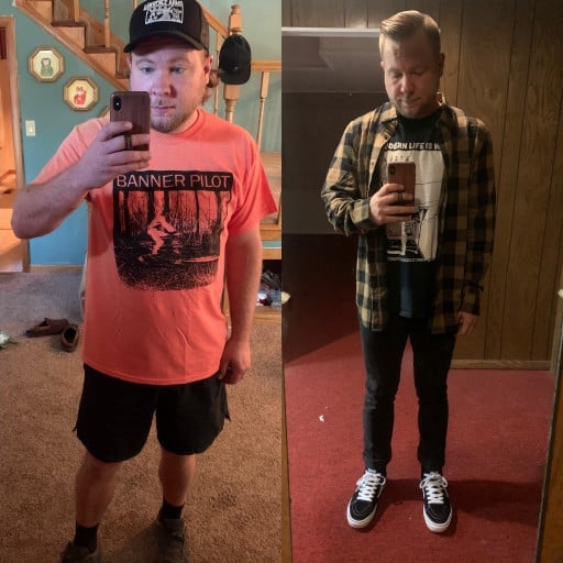 A before and after photo of a 5'9" male showing a weight reduction from 210 pounds to 178 pounds. A total loss of 32 pounds.