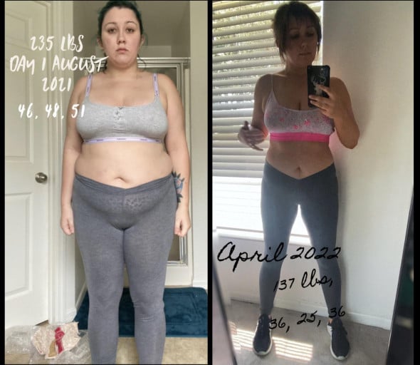 A before and after photo of a 5'3" female showing a weight reduction from 243 pounds to 137 pounds. A net loss of 106 pounds.
