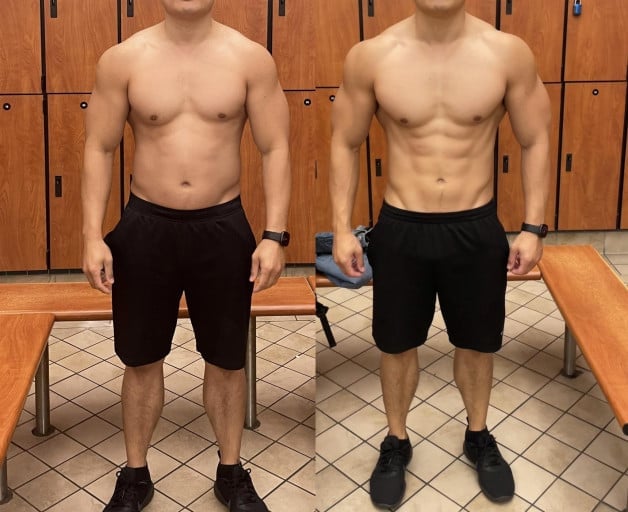 A progress pic of a 5'9" man showing a fat loss from 190 pounds to 177 pounds. A net loss of 13 pounds.