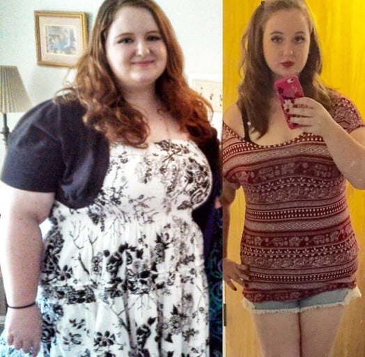 A photo of a 5'7" woman showing a weight cut from 299 pounds to 209 pounds. A total loss of 90 pounds.