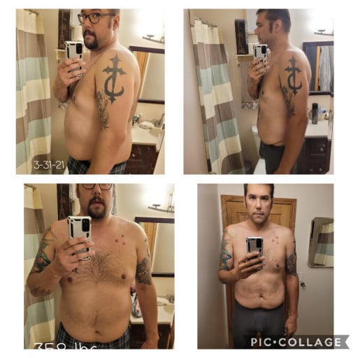 A picture of a 6'8" male showing a weight loss from 358 pounds to 268 pounds. A net loss of 90 pounds.