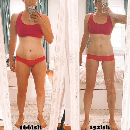 5 foot 8 Female Before and After 14 lbs Fat Loss 166 lbs to 152 lbs