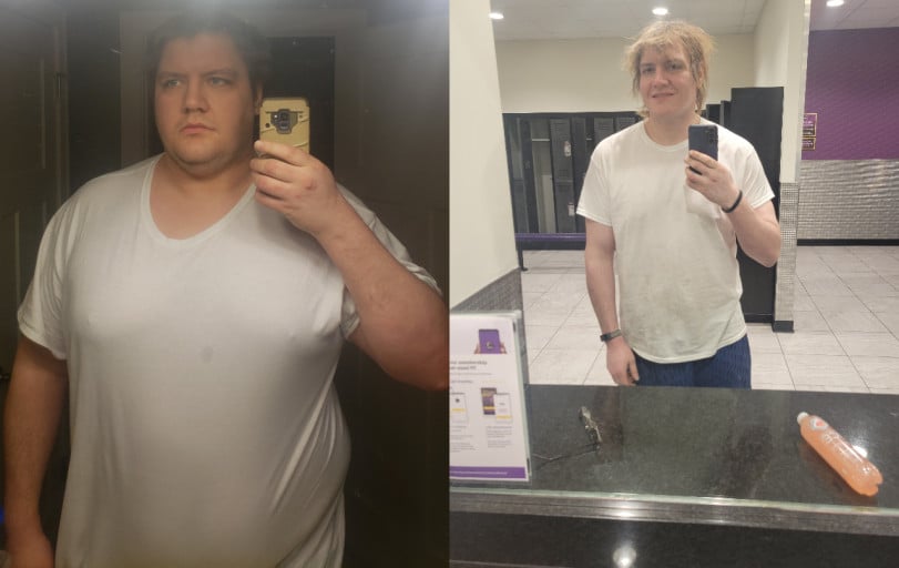 A photo of a 6'2" man showing a weight cut from 360 pounds to 235 pounds. A net loss of 125 pounds.