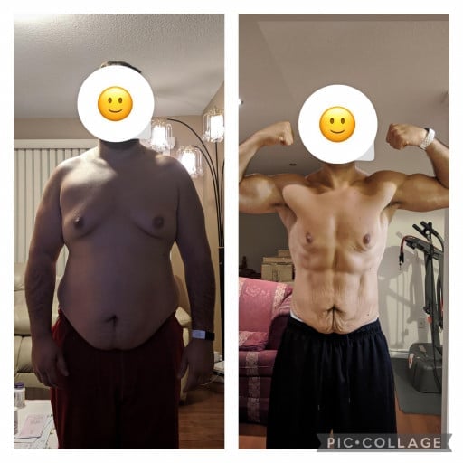 A before and after photo of a 5'11" male showing a weight reduction from 280 pounds to 187 pounds. A respectable loss of 93 pounds.