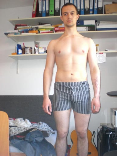 A before and after photo of a 6'1" male showing a snapshot of 180 pounds at a height of 6'1