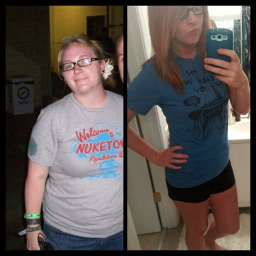 A progress pic of a 5'7" woman showing a fat loss from 248 pounds to 156 pounds. A total loss of 92 pounds.