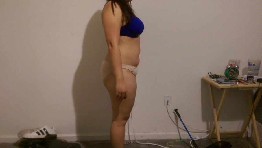 A before and after photo of a 5'2" female showing a snapshot of 153 pounds at a height of 5'2