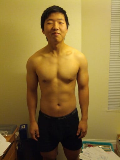 A before and after photo of a 5'8" male showing a snapshot of 164 pounds at a height of 5'8