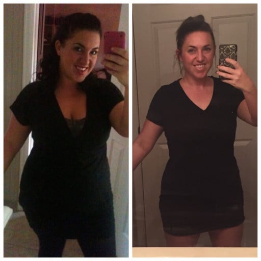 A progress pic of a 5'1" woman showing a fat loss from 202 pounds to 150 pounds. A net loss of 52 pounds.