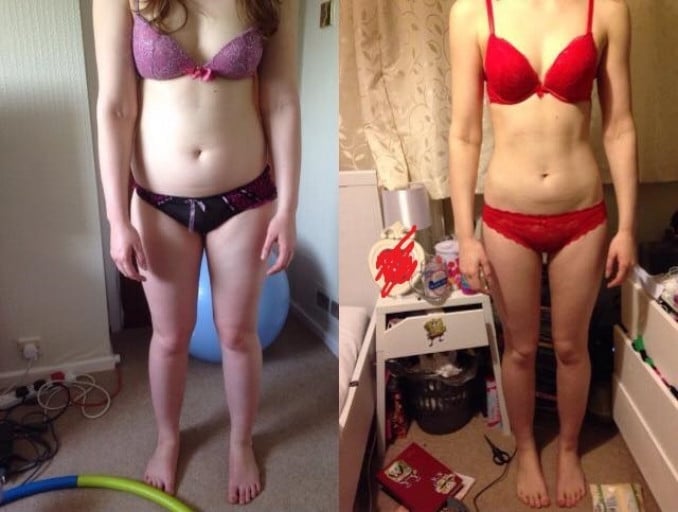 A progress pic of a 5'7" woman showing a fat loss from 154 pounds to 124 pounds. A total loss of 30 pounds.