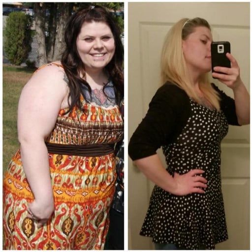 A before and after photo of a 5'4" female showing a weight reduction from 292 pounds to 185 pounds. A net loss of 107 pounds.
