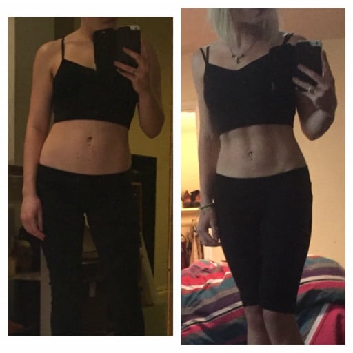 A progress pic of a 5'3" woman showing a weight reduction from 134 pounds to 108 pounds. A respectable loss of 26 pounds.