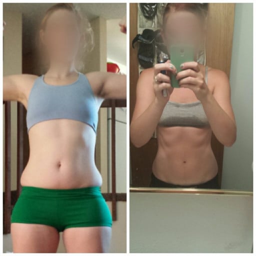 A before and after photo of a 5'7" female showing a weight reduction from 165 pounds to 145 pounds. A net loss of 20 pounds.