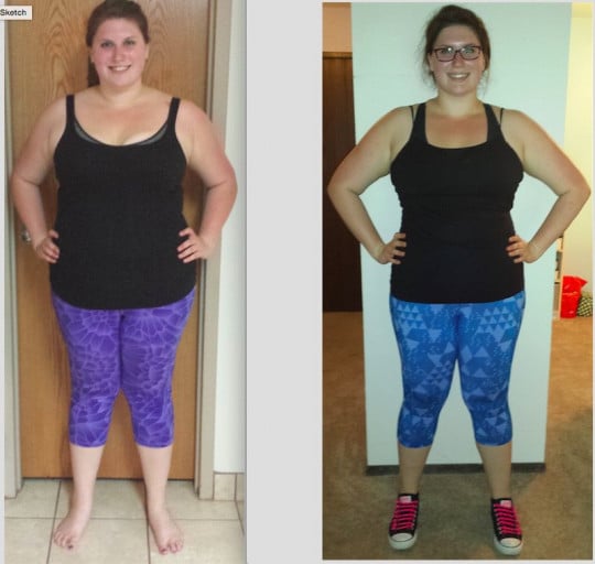 A picture of a 6'0" female showing a weight reduction from 288 pounds to 249 pounds. A net loss of 39 pounds.