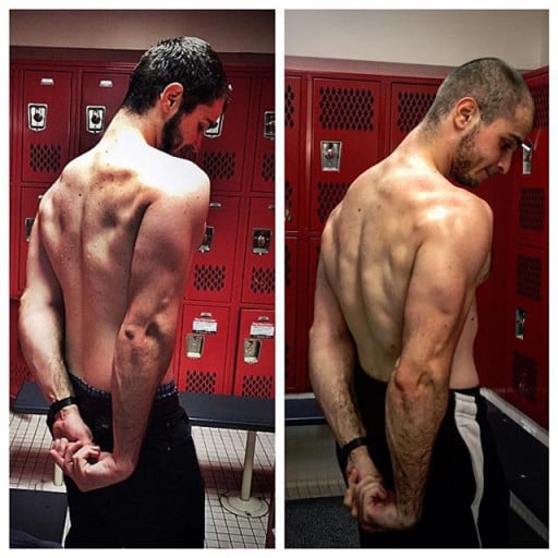 A before and after photo of a 5'11" male showing a weight bulk from 170 pounds to 180 pounds. A net gain of 10 pounds.