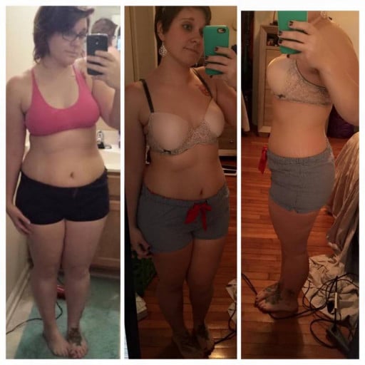 A photo of a 5'3" woman showing a fat loss from 195 pounds to 160 pounds. A net loss of 35 pounds.