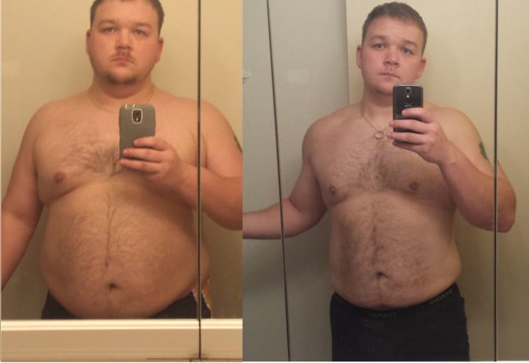 A picture of a 5'11" male showing a weight loss from 320 pounds to 230 pounds. A net loss of 90 pounds.