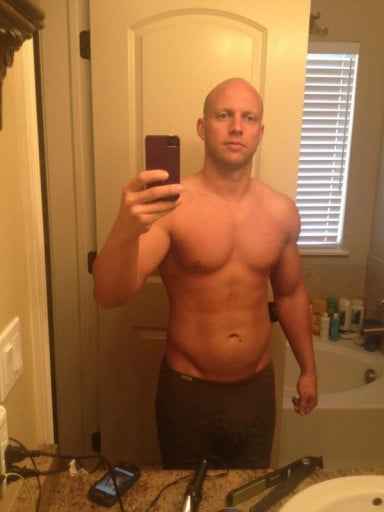 A progress pic of a 5'6" man showing a weight reduction from 198 pounds to 163 pounds. A respectable loss of 35 pounds.