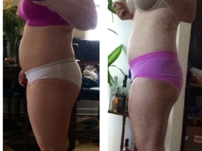 A picture of a 5'7" female showing a weight reduction from 215 pounds to 196 pounds. A total loss of 19 pounds.
