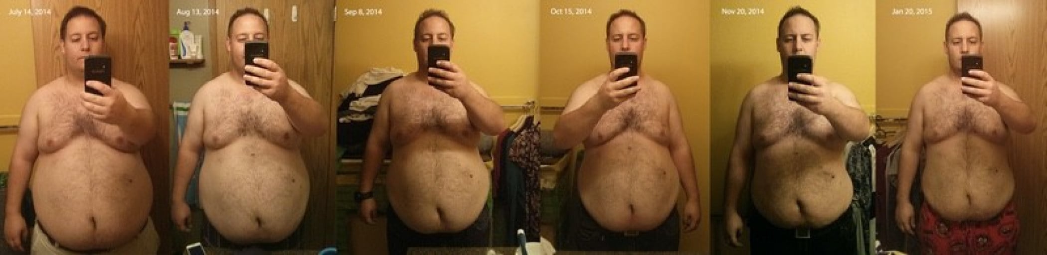 A photo of a 5'9" man showing a weight cut from 310 pounds to 250 pounds. A respectable loss of 60 pounds.