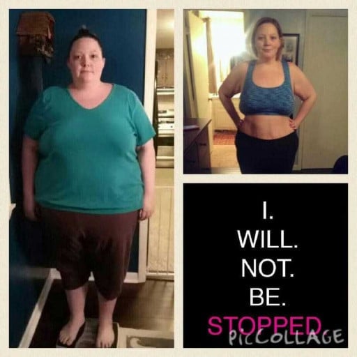 A before and after photo of a 5'0" female showing a weight reduction from 373 pounds to 230 pounds. A total loss of 143 pounds.