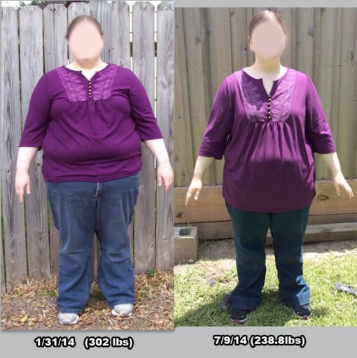 A photo of a 5'3" woman showing a fat loss from 302 pounds to 238 pounds. A respectable loss of 64 pounds.
