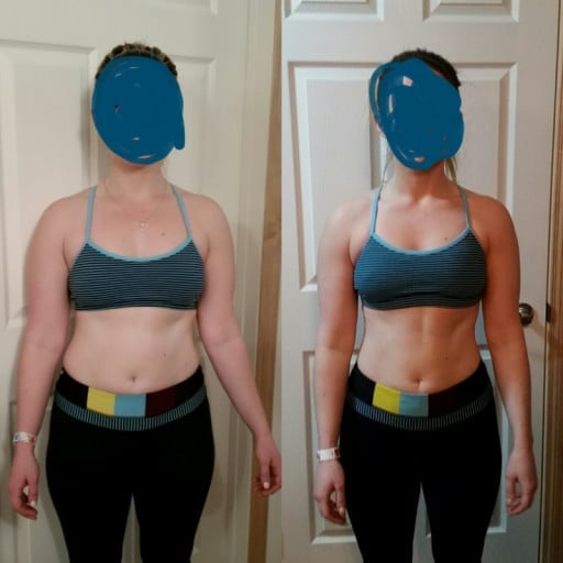 A before and after photo of a 5'3" female showing a weight reduction from 140 pounds to 130 pounds. A total loss of 10 pounds.