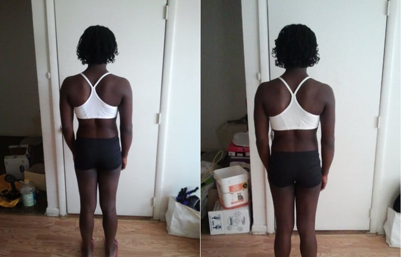 A before and after photo of a 5'5" female showing a snapshot of 135 pounds at a height of 5'5